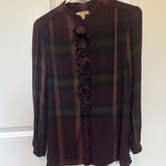 Burberry Brit Dark Purple Check Ruffle Shirt Size Medium - Picture 1 of 10